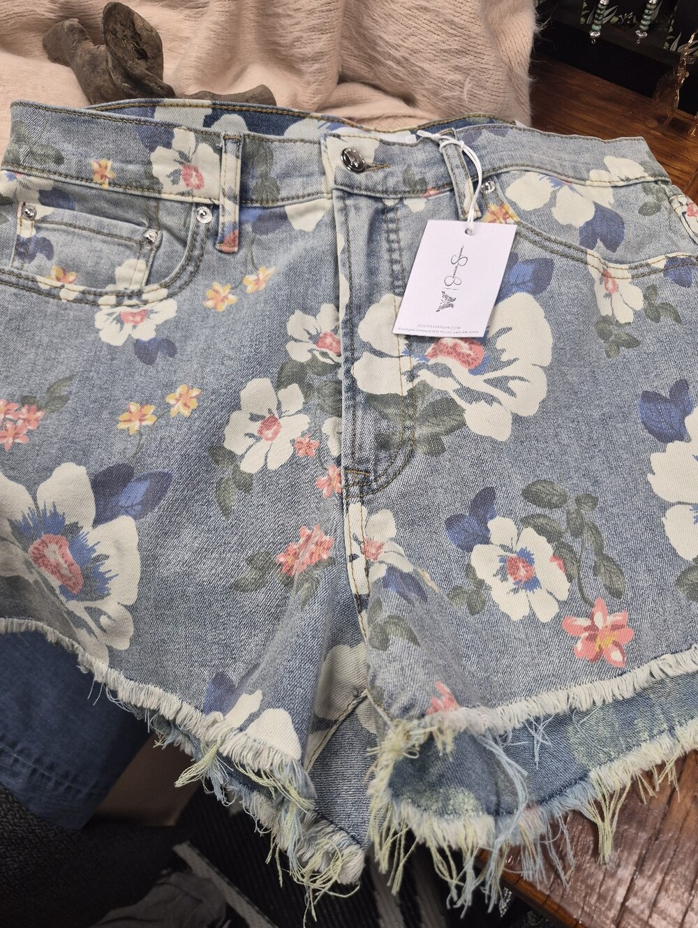 Jessica Simpson Floral Frayed-Hem Denim Shorts - Light Blue, White, Pink